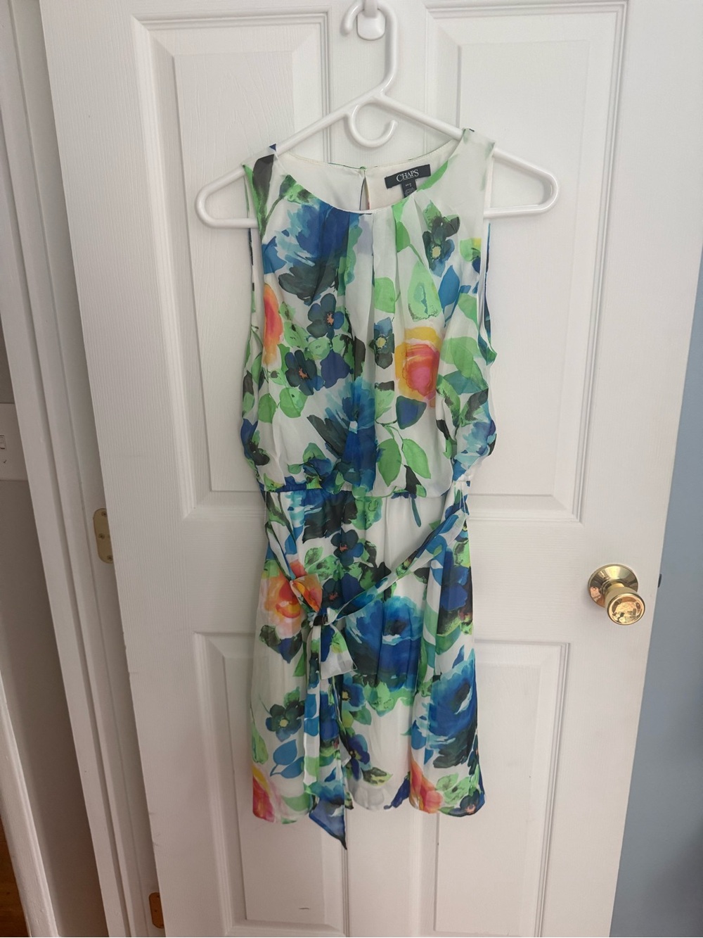 Chaps White Dress with Blue and Green Floral Accents